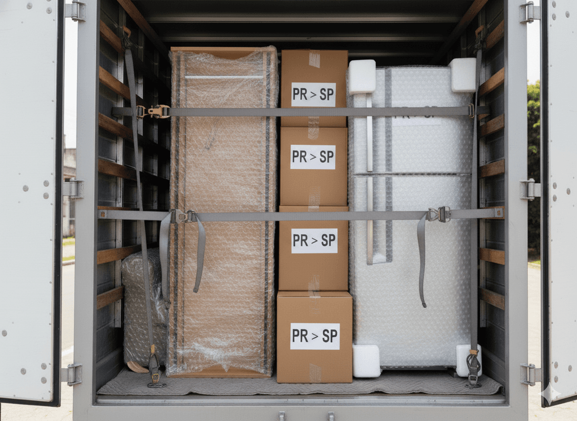 Caminhão de mudança em frente a um prédio.